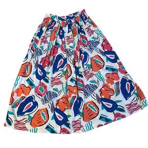 VTG Genesis Retro Floral Abstract Print Button Up Light Weight Midi Skirt Sz 3/4
